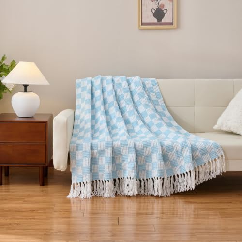 Plaid Chenille Throw Blanket for Couch - Soft Knit Blanket 50"X60" | Knitted Throw with Checkered Pattern,Cozy Warm Lightweight Boho Decorative Blankets with Tassels for Bed and Sofa,Light Blue - color: Light Blue Plaid, size: 50"x60"