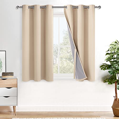 XWZO Complete Blackout Shades Window Curtain Panels with Tiebacks- Noise Reduction and Light Blocking Grommet Curtains with Black Liner for Studio, Basement, Biscotti Beige, W38 x L45, Set of 2 - color: Biscotti Beige, size: 38"W x 45"L (Pack of 2)