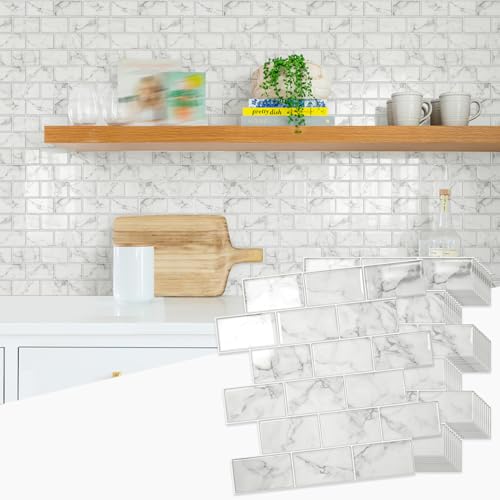 STICKGOO Subway Tile Peel and Stick Backsplash, Thicker Design 12" x 12" Stick on Backsplash Tiles for Kitchen, Bathroom, Wall Tile (10 Sheets, Grey Marble Look) - color: Grey Marble
