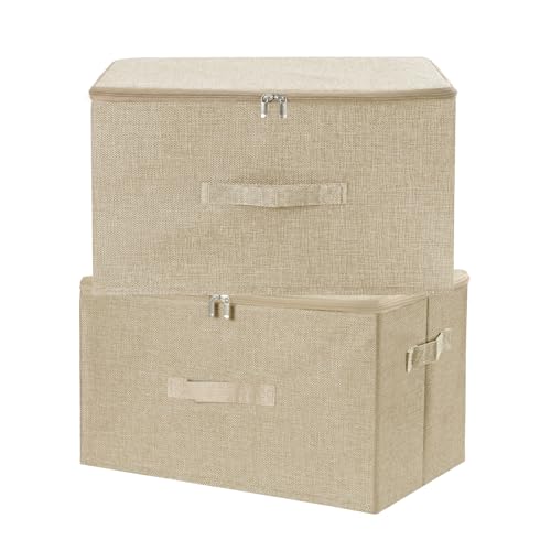 ANMINY Fabric Storage Bins with Zipper Lids, 18"x14"x10", Beige, 2 PCS | 43.6Qt Cotton Linen Storage Box, PP Board Frame, Washable Collapsible, with Handles & 3-side Open Lid, Stackable, Large - color: Beige, size: Large (Pack of 2)
