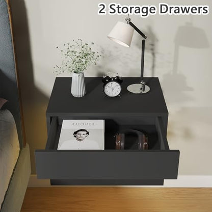 Floating Nightstand Set of 2,Modern Bedside Tables with LED Light for Bedroom,Small Night Stands with Drawers, Wall Mounted End SideTables Set for Living Room - color: Black