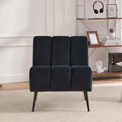 Velvet Slipper Chair, Armless Upholstered Accent Chair with Black Metal Legs, Modern Lounge Chair for Living Room, Bedroom, Office & Reading Nook (Black+Metal) - color: Black+metal
