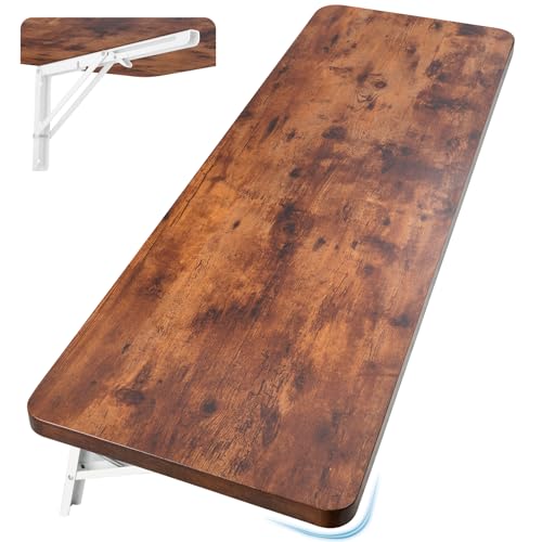 Neoaider Wall Mounted Folding Table 47.2”L x 19.7”W, Brown | Laundry Folding Table with Heavy Duty Metal Collapsible Shelf Brackets, Wall Mounted Desk Fold Down for Small Spaces - color: Brown, size: 47.2" x 19.7"