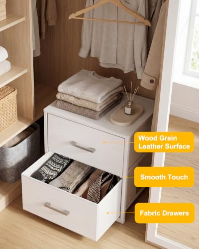 Fixwal Closet Drawers for Clothes, 1 Pack, 2 Drawers Dresser, 15.7" Wide | height 16.1", 2 fabric storage drawers, wooden top, white, spacious storage, dresser for bedroom - size: 11.8"D x 15.7"W x 16.1"H