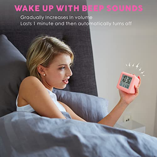Plumeet Digital Alarm Clock Kids Clock with Snooze and White Nightlight - Easy Setting Travel Alarm Clocks Display Time, Date, Alarm - Ascending Sound - Battery Powered (Baby Pink) - color: Baby Pink