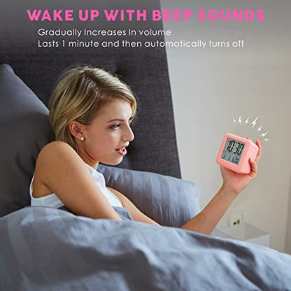Plumeet Digital Alarm Clock Kids Clock with Snooze and White Nightlight - Easy Setting Travel Alarm Clocks Display Time, Date, Alarm - Ascending Sound - Battery Powered (Baby Pink) - color: Baby Pink