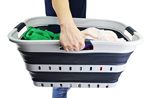 SAMMART 42L (11 gallon) Collapsible Plastic Laundry Basket - Foldable Pop Up Storage Container/Organizer - Space Saving Hamper/Basket (1, Grey/Slate Grey) - color: Grey/Slate Grey