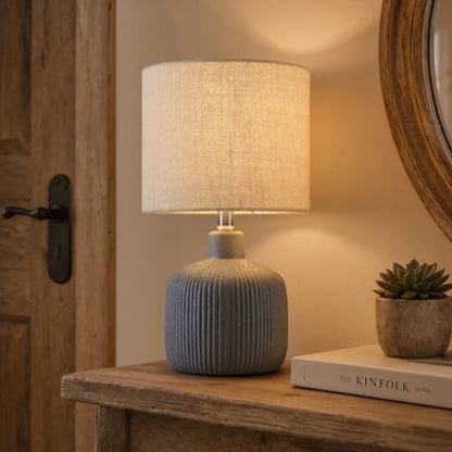 Ceramic Table Lamp, 17.75" Nautical Bedside Lamp with Beige Linen Shade, Warm Ambient Nightstand Lighting for Beach House, Navy Blue - color: Blue