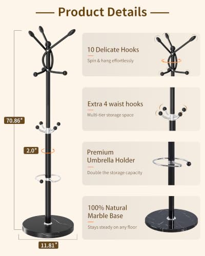 Metal Coat Rack, Modern Coat Rack Stand, Heavy Duty Coat Tree Stand - color: Black-10Hooks