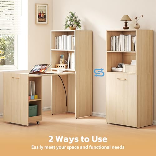 Zevemomo Folding Desk, Convertible Table with Shelves & Wheels - Beige | Folding Desk with Storage, Craft Cabinet with Fold Out Table, Compact Computer Desk for Small Space, Reversible L Shaped Desk - color: Beige