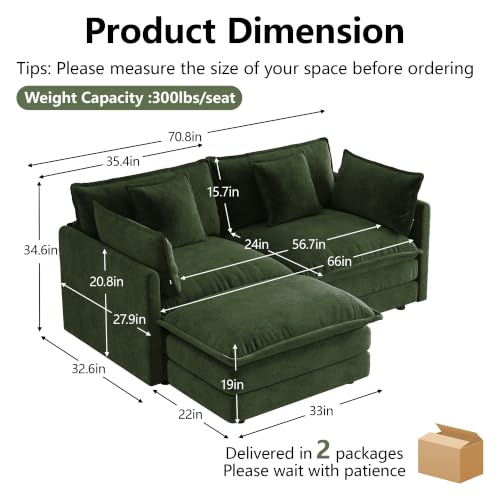 70.8 Inch 2-Seat Modular Sectional Cloud Sofa, L-Shaped, Green | Chenille Deep Seat Sofa with Pillow for Living Room, Bedroom and Apartment - color: Green, size: 70.8Inch-L