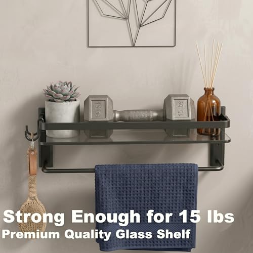 Glass Shelf for Bathroom 15.7 in Black Bathroom Shelves Wall Mounted Tempered Glass Shelving with 4 Removable Hooks (2 Tier) - color: Black
