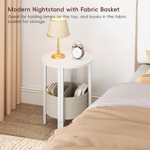 Side Table, Small Round End Table, Tall Accent Table with Storage Basket, Set of 2 Half Round Coffee Tables Half Moon Tables, Bedside Table, Modern Nightstand for Living Room Bedroom, White - color: White