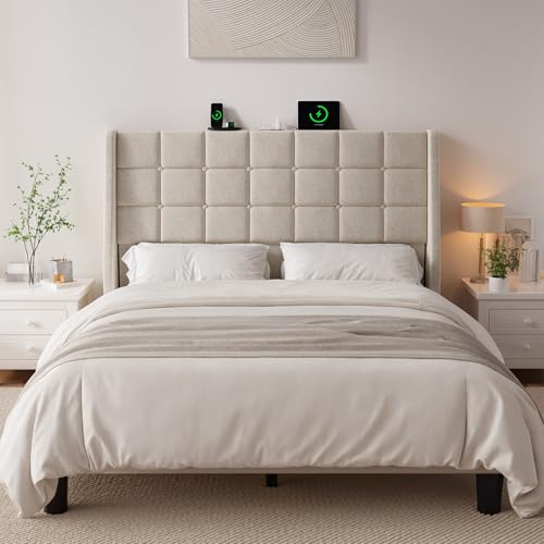 Ergonomic Upholstered Headboard Queen Size w/Charging Station, Linen Wingback Headboards w/Storage Pocket, Queen Headboard Only, Bed Frame Adapters, Sturdy Stable Solid Wood Bed Head Board, Beige - color: White Beige, size: Queen