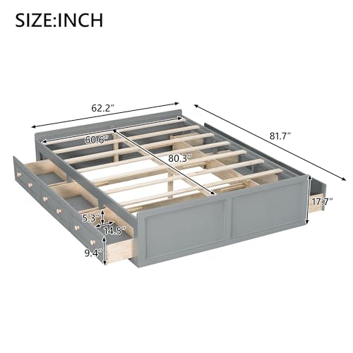 Merax Queen Size Platform Bed with 6 Storage Drawers, No Headboard, Space-Saving Bed Frame for Bedroom, Wooden Slats Support, No Box Spring Needed, Noise Free,Grey - color: Grey