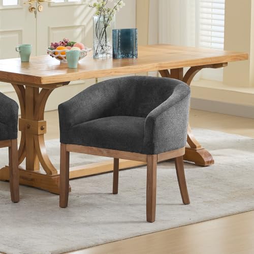 Modern Upholstered Barrel Dining Chairs with Arms, Natural Hardwood Frame, Farmhouse Linen Chairs for Dining Room, Kitchen(Charcoal) - color: Black (Charcoal), size: A Chair