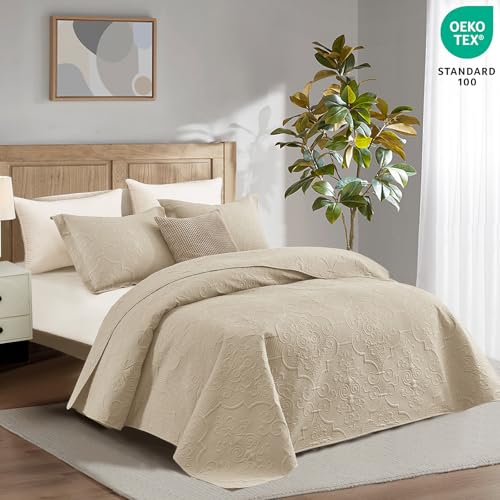 CHIXIN Quilt King Size - Damask Paisley Bedspread Coverlet Set - Classic & Gorgeous Style Bedding Cover, Ultrasonic Quilting, Reversible, Lightweight, 4 Piece, Taupe - color: 2- Taupe, size: King(106"x92")