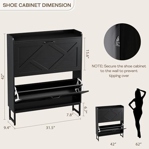 Shoe Cabinet Storage for Entryway, Slim Shoe Storage Cabient with 2 Flip Drawers, Narrow Vertical Shoe Rack Cabinet with Metal Hooks, Small Space Solution for Hallway, Black - color: Black