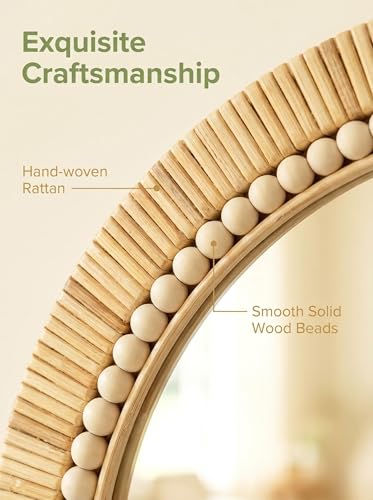 OYPEIP 24 Inch Round Natural Rattan Wall Mirror, Boho Decorative Mirror with White Beads, Rustic Farmhouse Circle Mirror for Living Room, Entryway, Bathroom, Bedroom