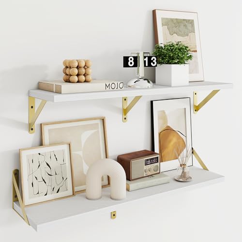 Dreamland Wall Mounted Floating Shelves Set of 2, 24x8, White&Gold | Engineered Wood, Visible Bracket, Large Storage, Hold Up to 45lbs, Living Room, Bathroom, Bedroom, Kitchen - color: White&gold, size: 24"W x 8"D