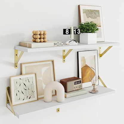 Dreamland Wall Mounted Floating Shelves Set of 2, 24x8, White&Gold | Engineered Wood, Visible Bracket, Large Storage, Hold Up to 45lbs, Living Room, Bathroom, Bedroom, Kitchen - color: White&gold, size: 24"W x 8"D