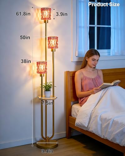 62IN Gold Floor Lamp with Deep Red Glass Shade 3-Lights Mid-Century Modern Farmhouse Floor Lamps with 3000K Warm White Bulbs, Tall Standing Lamp with 5Lbs Heavy Base for Living Room/Bedroom - color: 3 Deep Red Cylinder-Gold
