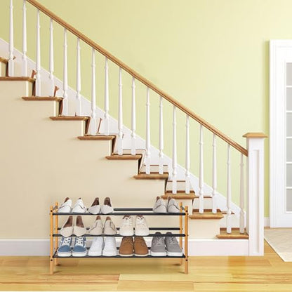 Storage MANIAC Expandable Shoe Rack, 12 Pairs Stackable Small Shoe Rack, Metal Adjustable Shoes Organizer for Closet, Entryway, Hallway, Garage, Front Door, Shoes Shelves, Bamboo 3 Tier - size: 3 Tier