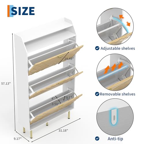 Garvee Shoe Cabinet with 3 Flip Drawers, Hidden Shoe Storage Cabinet with Shelf, Slim Wood Shoe Organizer for Hallway and Entryway, White