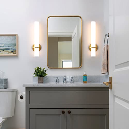 Hardwired Wall Sconces Set of Two 18 Inch Gold Bathroom Wall Sconces 18W 2700K-5000K LED Dimmable Modern Wall Lights with Acrylic Lampshade Brushed Gold Sconces for Bedroom Living Room Hallway - color: Gold, size: Hardwired (18in-2pcs)