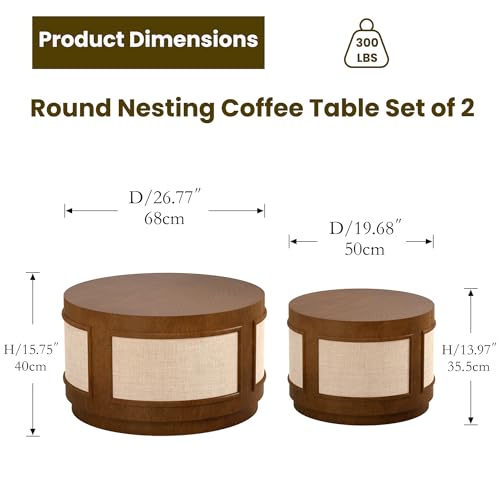 Nesting Coffee Tables Set of 2, Round Wooden, Brown | Solid Wood Frame & Fabric Veneer, Mid-Century Modern Accent Tables, End Tables, For Living Room, Bedroom & Small Spaces - color: Brown 26.8"dx15.7"h