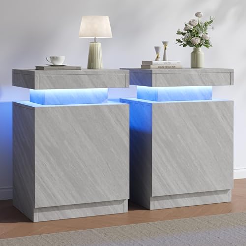Nightstands Set 2, 17 Inches Modern Bedside Table with LED Lights, LED Night Stand Set of 2, High Gloss Surface, End Table with Storage for Bedroom, Grey - color: Grey-17"