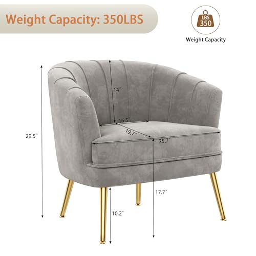 Velvet Accent Chair, Barrel Armchair, Grey | Velvet Upholstery, Golden Metal Legs, Comfy Barrel Back, Modern Style, Living Room Bedroom Office - color: Grey, size: 1 Chair