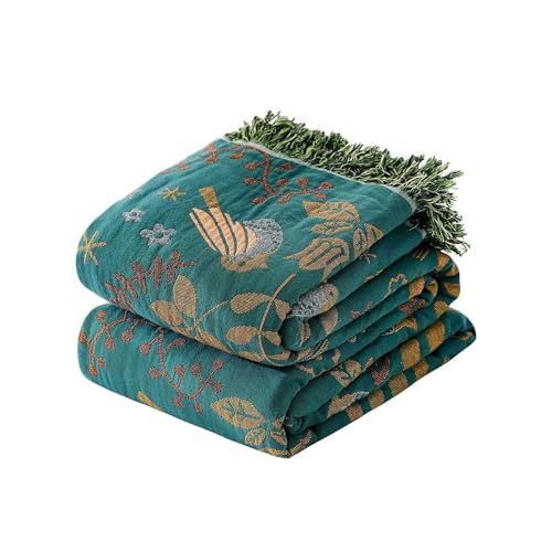 Boho Throw Blanket King Size for Bed, 100% Cotton Lightweight Summer | 4-Layer Breathable 90"x108", Thin Soft Muslin All-Season, Reversible Green Bird Home Decor, Machine Washable Quilt for Adults - color: 03-spring Bird Blue, size: (90"x108")King