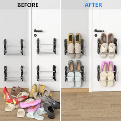 Wall Shoe Rack 4Pack, 8.8" Narrow No-Drill Shoe Organizer for RV | 8.8" Narrow Width, Holds 8 Pairs (2 Per Rack), Adhesive Mount No Drilling, Stainless Steel + ABS, 4-Pack Value - style: Modern