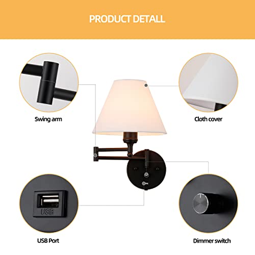 Swing Arm Wall Sconces, Plug-in Wall lamp,Bedroom Wall lamp ， White Fabric Shade，，with dimmable Switch and USB Charging Port, Suitable for Bedside, Living Room, Reading (Black) - color: Black