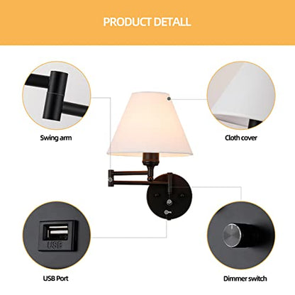Swing Arm Wall Sconces, Plug-in Wall lamp,Bedroom Wall lamp ， White Fabric Shade，，with dimmable Switch and USB Charging Port, Suitable for Bedside, Living Room, Reading (Black) - color: Black