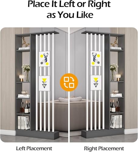 Wall Room Divider with Storage Shelves, Modern Freestanding Room Divider Screen, Open Room Wood Partition for Home & Office Decor (Gray + White, 47" L x 9.5" W x 79.5" H)