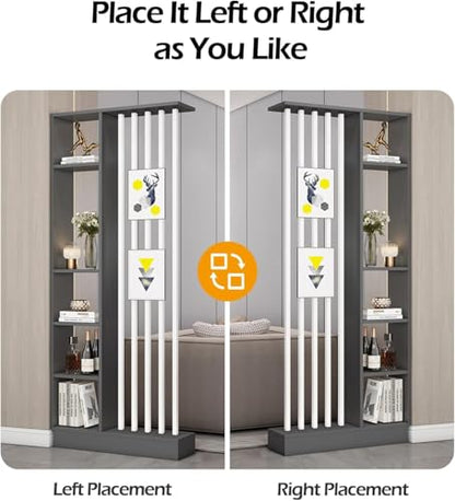 Wall Room Divider with Storage Shelves, Modern Freestanding Room Divider Screen, Open Room Wood Partition for Home & Office Decor (Gray + White, 47" L x 9.5" W x 79.5" H)