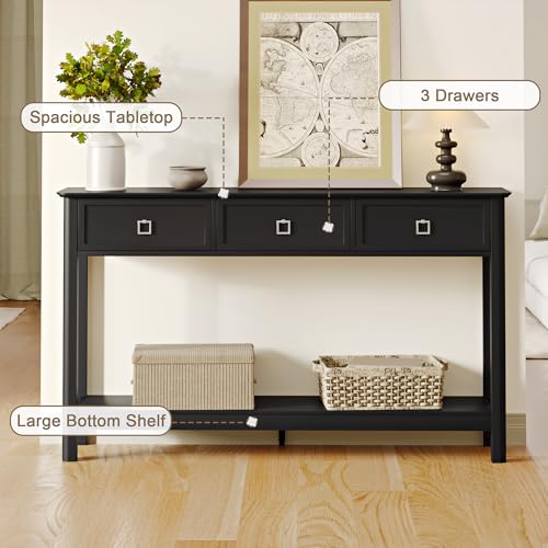 Treocho 53.1" Console Table with 3 Drawers, Sofa Table Behind Couch, 2 Tier | Long Entryway Table with Storage, Modern, For Hallway, Living Room, Black - color: Black