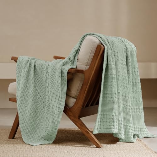 PHF 100% Cotton Waffle Weave Throw Blanket, Lightweight Breathable Summer Blanket for Couch Sofa, Pre-Washed Soft Throws for Bed, Office, Travel & Stylish Home Decor, 50"x60", Mint Green - color: Mint Green, size: Throw(50"x60")