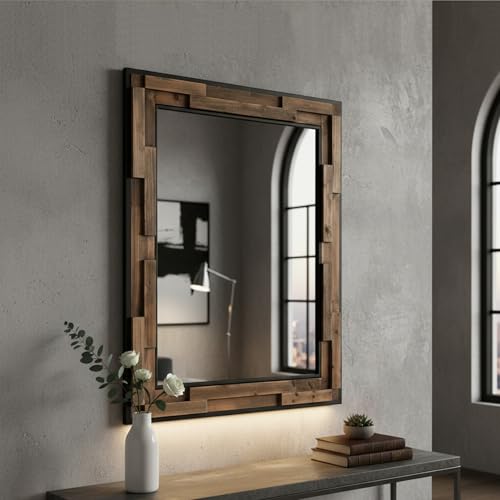 Wood Mirror 40"x 30", Metal & Wooden Rectangle Frame Decorative Wall Mirror for Bathroom Vanity Bedroom Living Room Entryway (Wood and Metal,40"x 30") - color: Wood & Metal, size: 39.4"L x 29.9"W