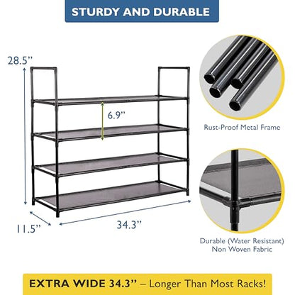 Sundaze Shoe Rack - 4 Tier Shoe Rack for Front Door Entrance, Sturdy Long Shoe Organizer for Closet, Bedroom, Entryway, Garage, Non Woven Fabric Shelf, Black, Holds Up to 20 Pairs - size: 4 Tier (34.3" W)