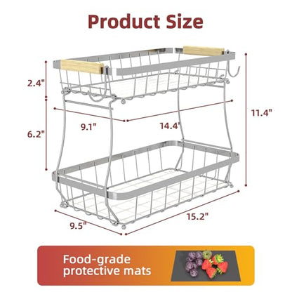 2-Tier Fruit Basket with Banana Hangers, Detachable Metal Bowl | Wooden handle, protective mats included. Versatile holder for bread, snacks, and veggies. Extra Large 2 tier metal design. - color: Silver, size: 2 Tier Extra Large