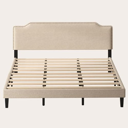 King Size Bed Frame with Upholstered Headboard, Wood Platform Bed with Soft Linen Adjustable Headboard | Elegant Studded Design | Wooden Slats | No Box Spring Needed, King Bed Frame Beige - color: Beige, size: King (U.S. Standard)
