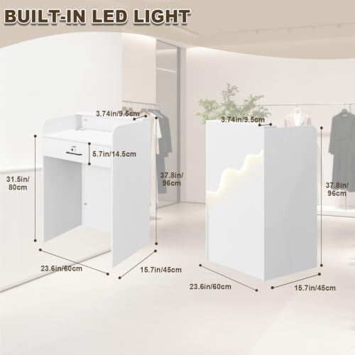 Wood Reception Desk with Counter, Front Desk with LED Light&Lockable Drawer | Small Modern Reception Table Retail Checkout for Counter for Lobby, Beauty Salon, White (37.8"L x 23.6"W x 15.7"H) ﻿ - size: 37.8x23.6x15.7in