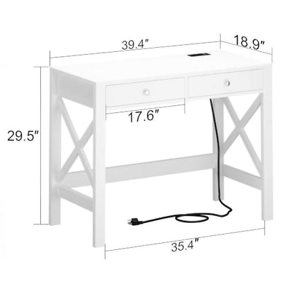 ChooChoo 40 Inches Farmhouse Computer Desk with 2 Drawers & Power Outlets | Wooden Writing Desk, Study Desk for Home Office, Makeup Vanity, White - color: White, size: 40inch with Power Outlet