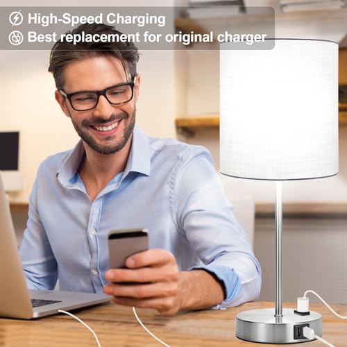 Lynnoland Set of 2 Touch White Table Lamps with 2 USB Ports & AC Outlet, 3-Way Dimmable Bedside Nightstand Lamps for Bedroom Living Room Nursery, 800 Lumens 5000K Daylight Bulbs Included - color: (2 Pack)White & Brushed Nickel(Base)-5000K Bulbs Included