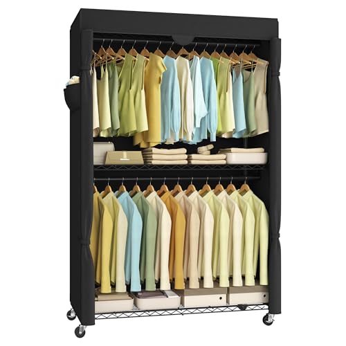 SONGMICS Clothing Rack, Heavy-Duty Garment Rack, Adjustable Storage Shelves | Freestanding Portable Wardrobe Closet, Hanging Rails, Black, DALTEN Collection ULGR415B01 - size: 43.3"W x 78.3"H, style: With Fabric Cover