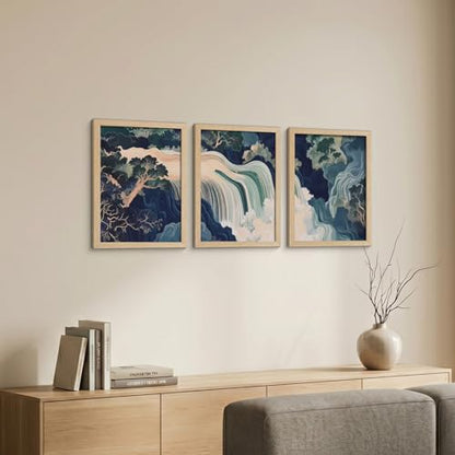 3Pcs Framed Canvas Murals Japanese Modern Landscape Blue Green Mountain And Water Abstract Nature Posters Art Gallery Living Room Office Home Wall 12x16 Inches Ready To Hang - color: Japanese-1, size: 12x16 Inch