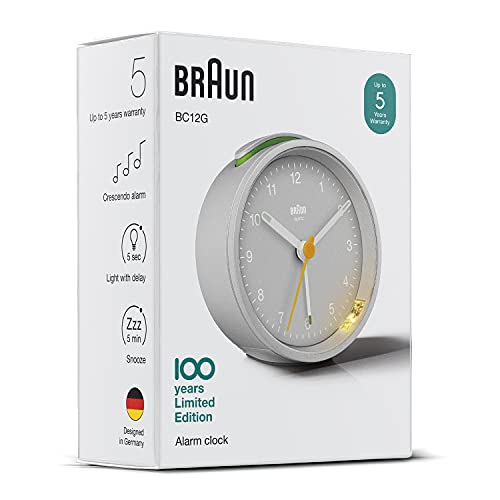 Braun Classic Analogue Alarm Clock with Snooze and Light, Quiet Quartz Movement, Crescendo Beep Alarm in Grey, Model BC12G. - color: Gray, size: 75 x 75 x 35 mm